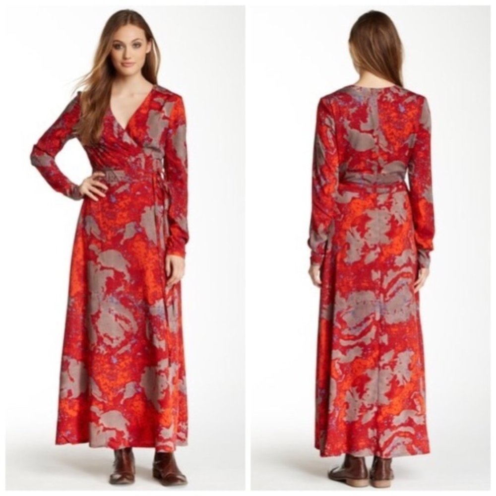 NEW W118 by Walter Baker Raquel Lipstick Red Long Sleeve A-Line Maxi Dress Sz M
